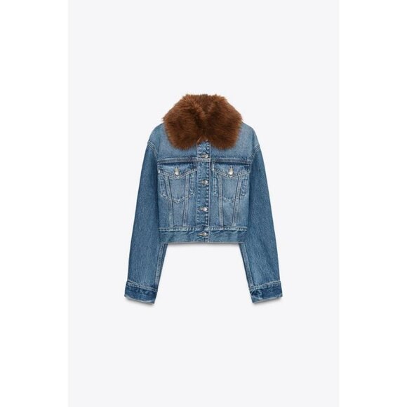 ZARA Z1975 FAUX FUR COLLAR SHORT DENIM JACKET - Picture 8 of 10